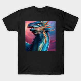 Intricate Rainbow Blue Scaled Dragon at Sunset T-Shirt